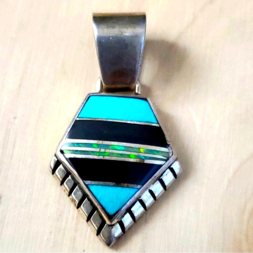‘Desert Night’ Signed Sterling Silver Black Opal Turquoise 925 Signed Pendant